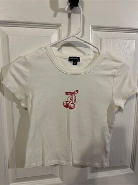 White Juniors Tee with Red Cherry Graphic
